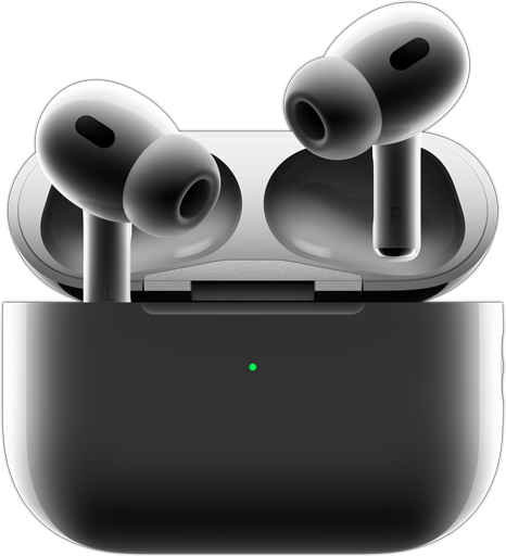 Şarj kutusunun önündeki yeşil ışığın yandığı, şarj kutusundan çıkan AirPods Pro 2 