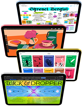 Ön yüzleri görünen iPad ekranlarında çok sayıda Apple uygulaması ve App Store uygulaması gösteriliyor.