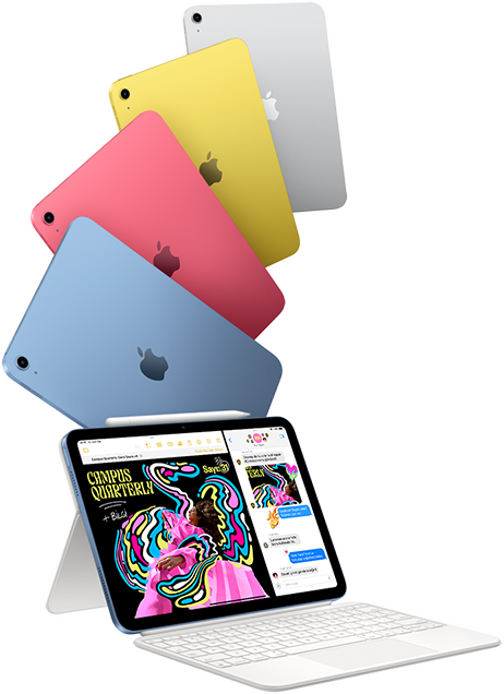 Mavi, pembe, sarı ve gümüş rengi iPad’ler ve Magic Keyboard Folio’ya takılı bir iPad.