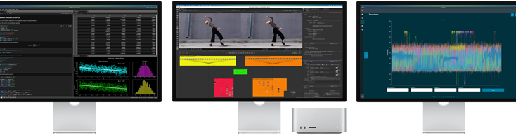 Mac Studio ve her birinde farklı bir macOS uygulaması gösterilen üç adet Studio Display