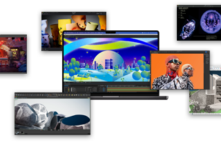 Adobe After Effects, Keynote, DaVinci Resolve, Arnold render aracına sahip Autodesk Maya, Adobe Photoshop, Houdini ve SketchUp gibi uygulamaları çalıştıran MacBook Pro görseli