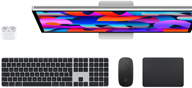 AirPods, Studio Display, Magic Keyboard, Magic Mouse ve Magic Trackpad’in üstten görünümü